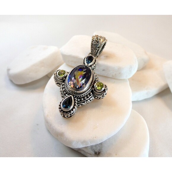 SARDA Bali Signed Sterling Silver Mystic Topaz-Peridot-London Topaz Pendant - Picture 3 of 12